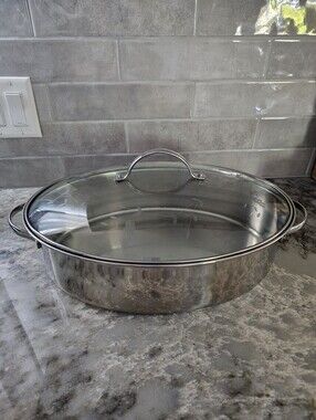 Princess House 7 Qt Stainless Steel Oval Roaster Pan W/ Etched Glass Lid 6454
